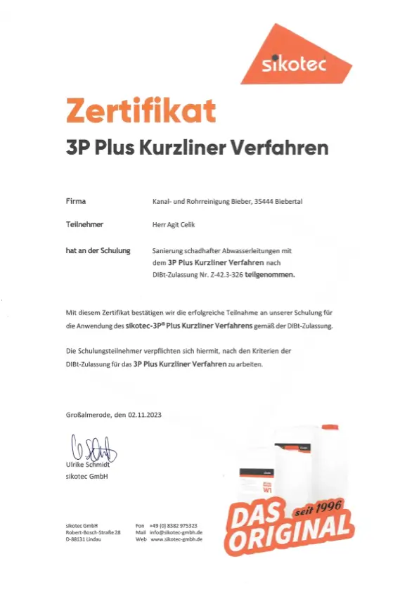 Zertifikat 3P Plus Kurzliner Verfahren der sikotec GmbH für Kanal- und Rohrreinigung Bieber